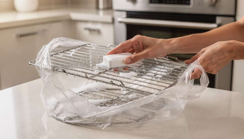 Backofengitter reinigen: Ein Müllbeutel und Spülmaschinentab – der Trick, der viral ging