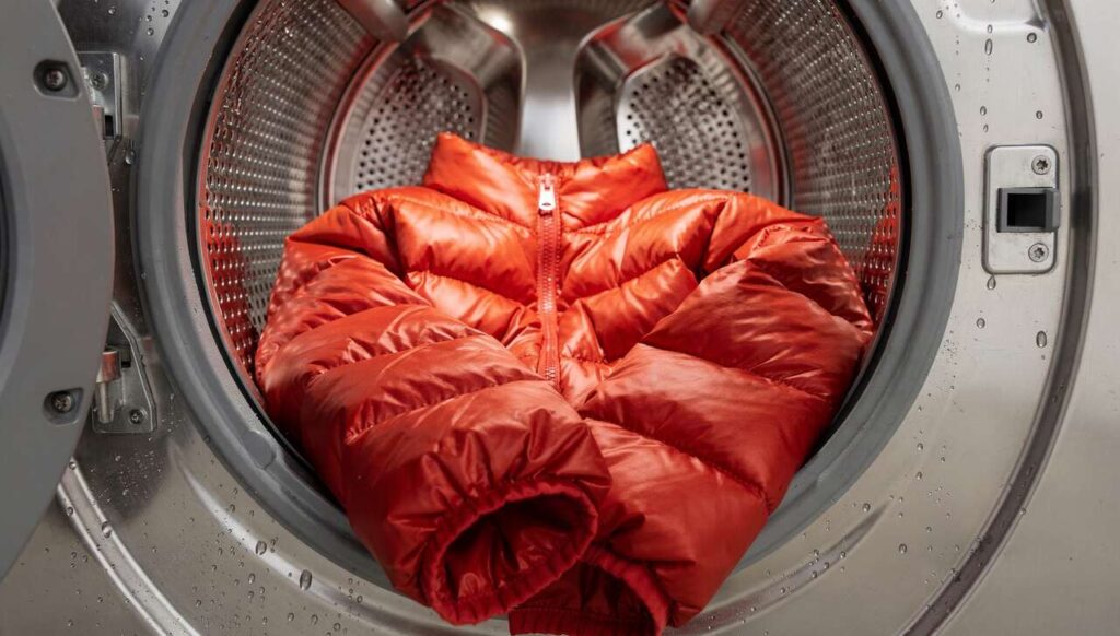 Geben Sie 4 Tropfen hinzu und legen Sie die Jacke in die Trommel. Die Daunenjacke wird wie neu wirken, ohne zerknitterte Daunen und unangenehmen Geruch